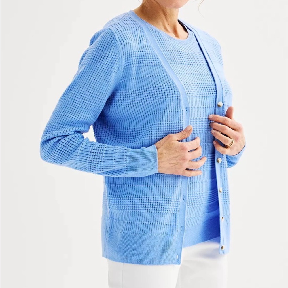 Croft & Barrow Extra Soft Simple Stitch Twinset Top‎ and Cardigan Blue Petite L